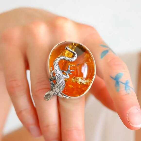 Baltic Amber Gecko Ring in 925 Sterling Silver - Handmade - Picture 3 of 9